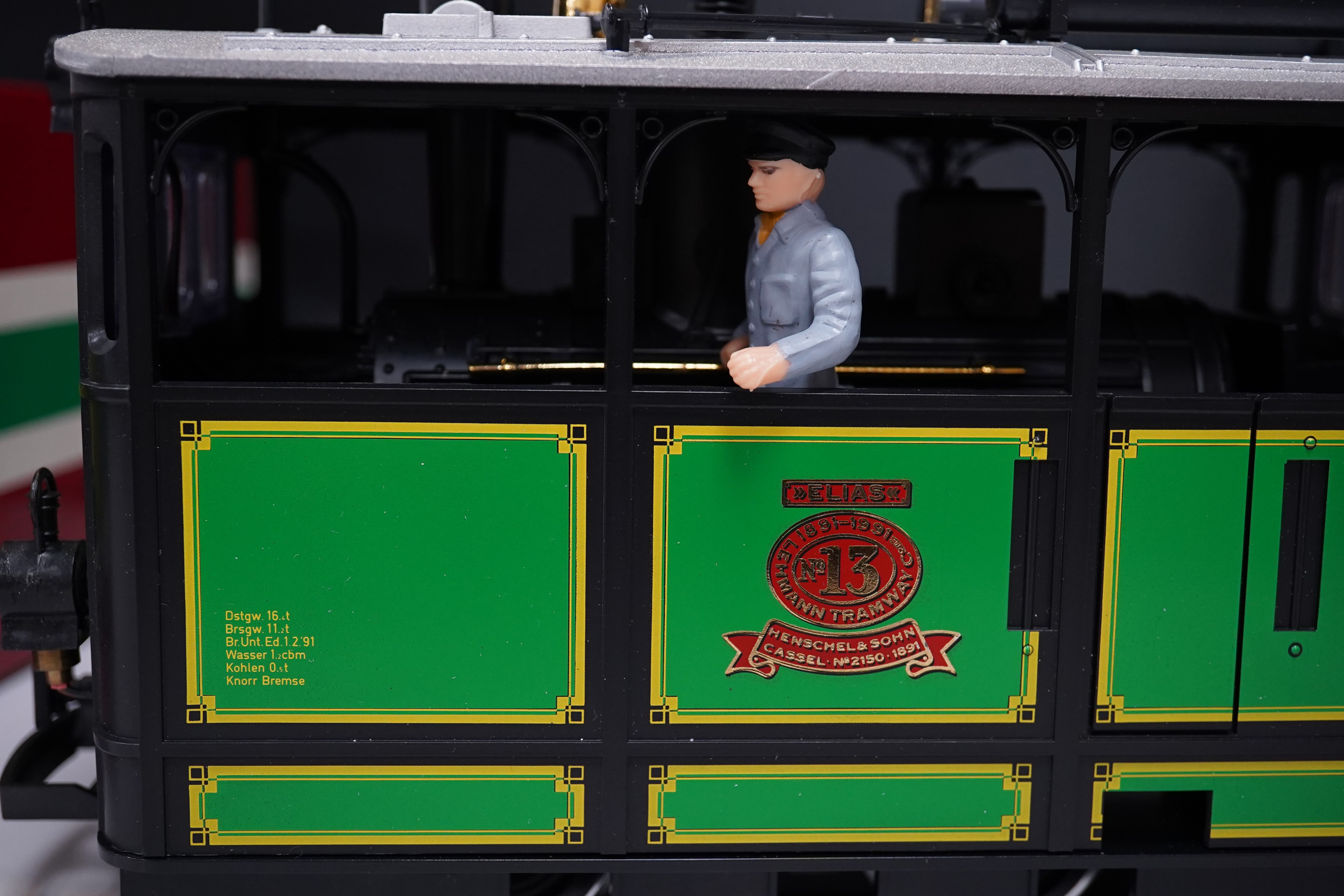 A boxed Lehman LGB (2150) G scale railway 0-4-0 steam tramcar locomotive, 13, in green and black livery. Condition - good, evidence of very minor running wear only.